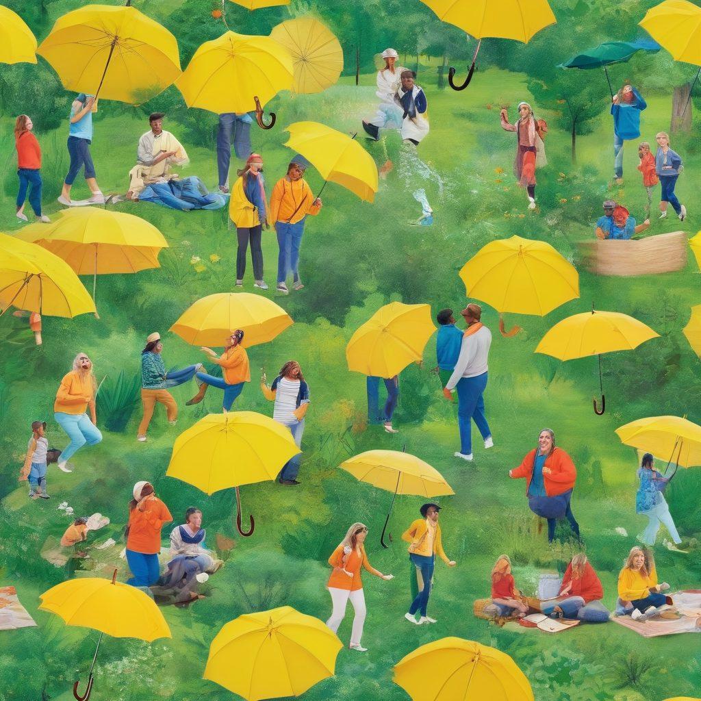 A collage showing a diverse group of happy individuals engaged in various joyful activities like outdoor adventures, family gatherings, and stress-free moments. Include visual elements representing insurance, such as documents and symbols like umbrellas and shields, entwined with scenes of excitement and well-being. Utilize bright and uplifting colors to convey positivity. vibrant colors. super-realistic.