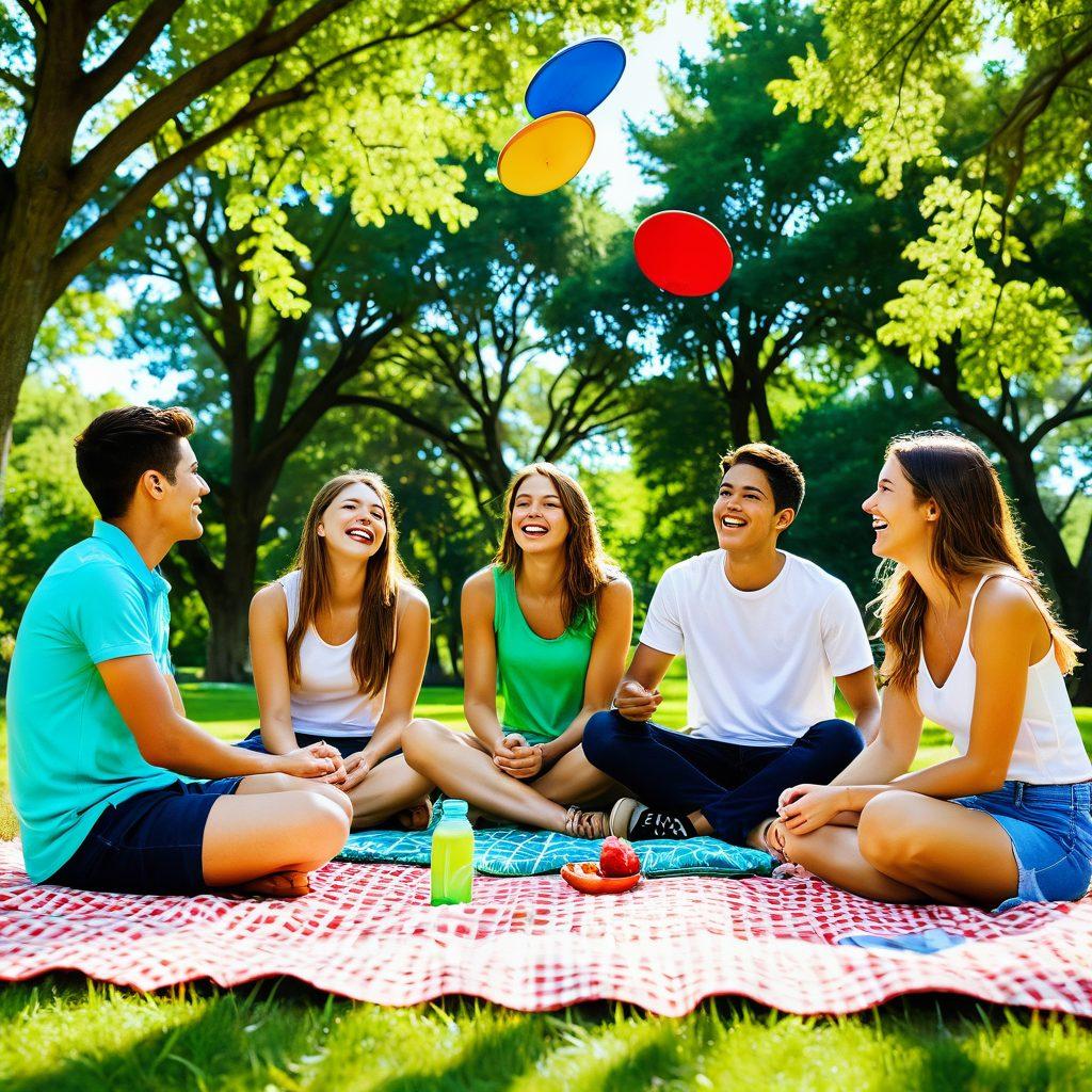 A vibrant scene of a group of young friends laughing and enjoying life outdoors, showcasing happiness and energy. Incorporate fun elements like colorful picnic blankets, a frisbee, and a backdrop of bright green trees and a clear blue sky. Overlay subtle icons representing affordable insurance options, like checkmarks or heart symbols, to symbolize security and peace of mind. The composition should feel energetic and inviting, appealing to youthful spirits. super-realistic. vibrant colors.