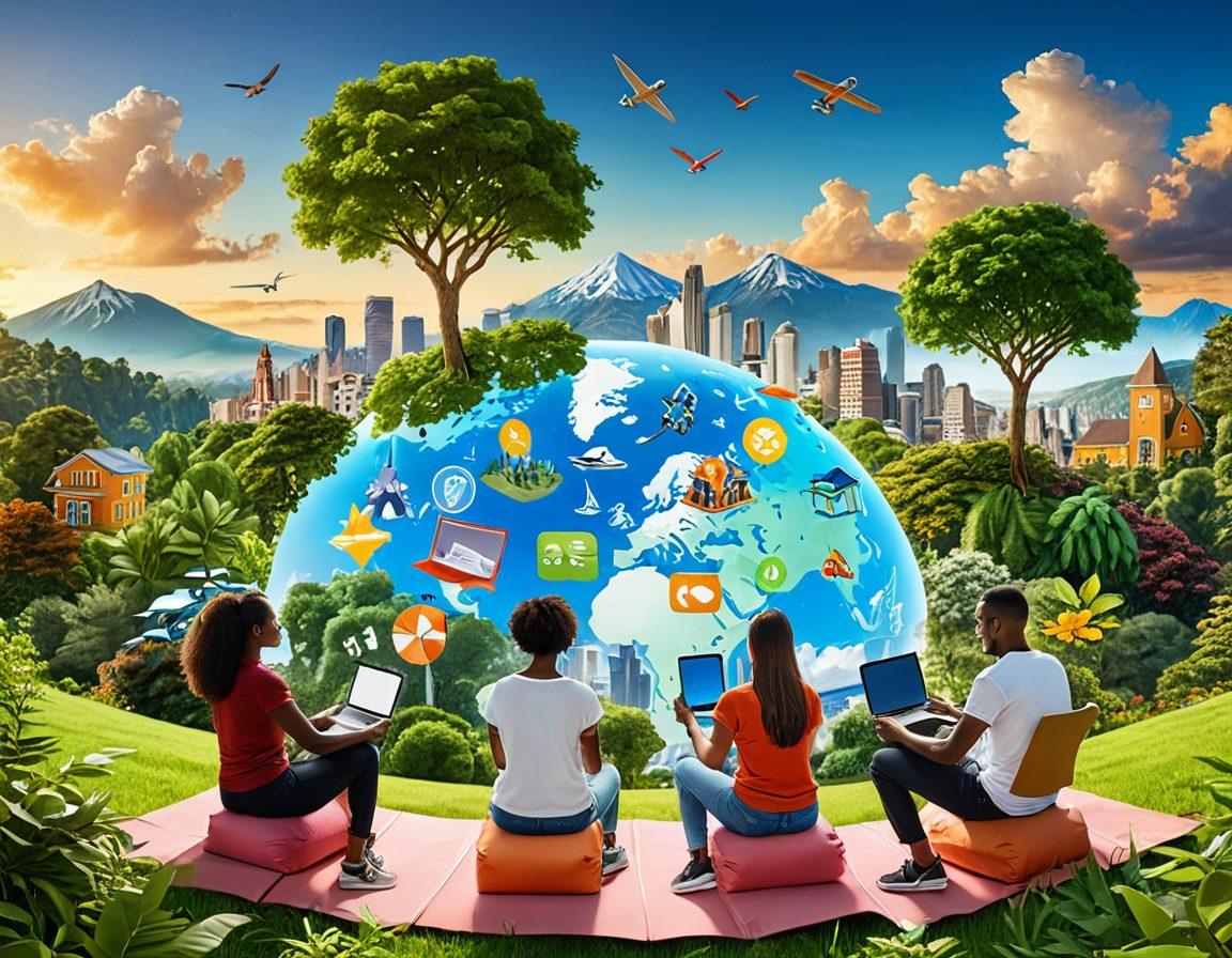 A dynamic and colorful collage showing a diverse group of young individuals engaging with various insurance options, including health, travel, and property. Illustrate them confidently reviewing digital devices with animated graphic symbols of security and peace, set against a backdrop of bright landscapes representing safety and adventure. Use vibrant colors to evoke a sense of optimism and protection. 3D. vibrant colors.